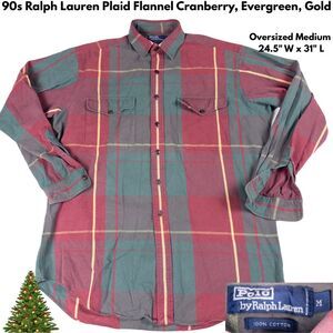 Vintage Polo‎ Ralph Lauren Plaid Flannel Medium Christmas Red Green Oversized